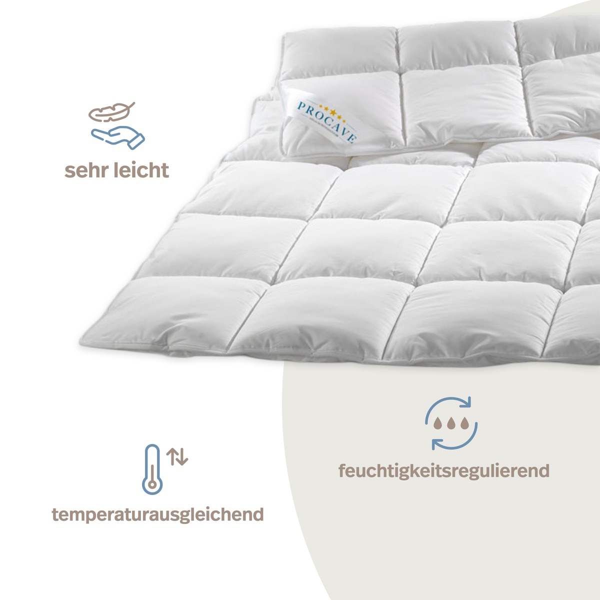 PROCAVE MICRO-COMFORT Ganzjahresdecke auf dem Bett mit Icons: sehr leicht, temperaturausgleichend, feuchtigkeitsregulierend &mdash; ausgeglichenes Schlafklima das ganze Jahr