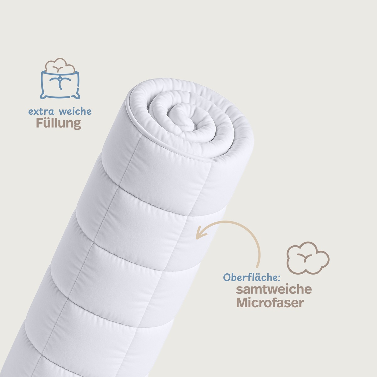 PROCAVE MICRO-COMFORT 4 Jahreszeiten Steppdecke aufgerollt &mdash; Infografik mit Hinweisen auf extra weiche Hohlfaser-F&uuml;llung und samtweiche Microfaser-Oberfl&auml;che