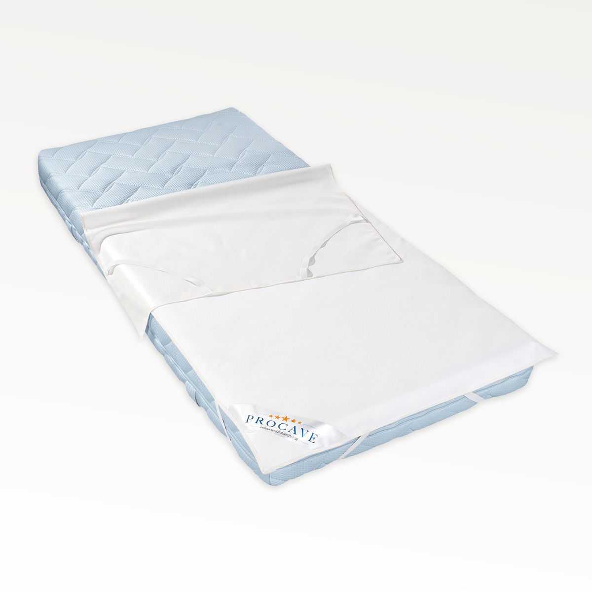 PROCAVE Wasserundurchl&auml;ssige Matratzen-Auflage 2-lagig auf einer blauen Matratze liegend, teilweise aufgedeckt &mdash; zuverl&auml;ssiger N&auml;sseschutz mit PROCAVE-Logo