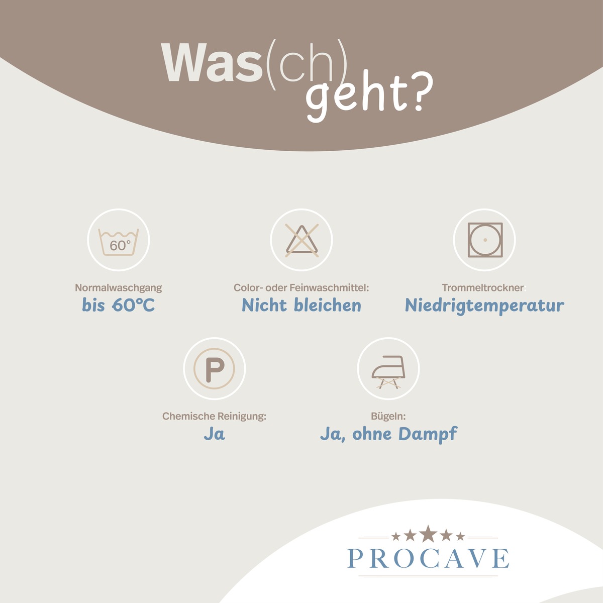 PROCAVE MICRO-COMFORT Kissen versteppt Pflegesymbole &mdash; waschbar bis 60 &deg;C, kein Bleichen, Trockner Niedrigtemperatur, chemische Reinigung m&ouml;glich, B&uuml;geln ohne Dampf