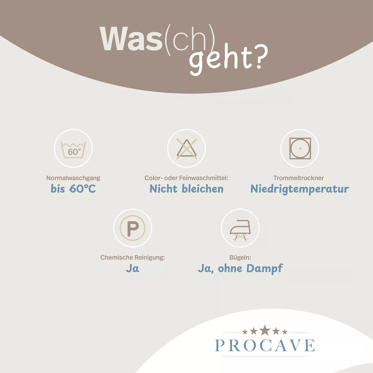 PROCAVE Bettkeil mit AloeVera-Doppeltuch-Bezug — Pflegesymbole: Normalwaschgang bis 60 °C, nicht bleichen, Niedrigtemperatur-Trockner, Chemische Reinigung ja, Bügeln ja ohne Dampf