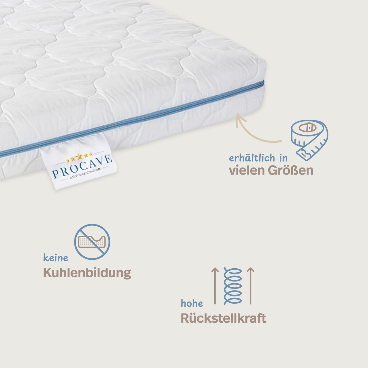 PROCAVE Kindermatratze mit TopCool-Matratzenbezug — Infografik: erhältlich in vielen Größen, keine Kuhlenbildung, hohe Rückstellkraft