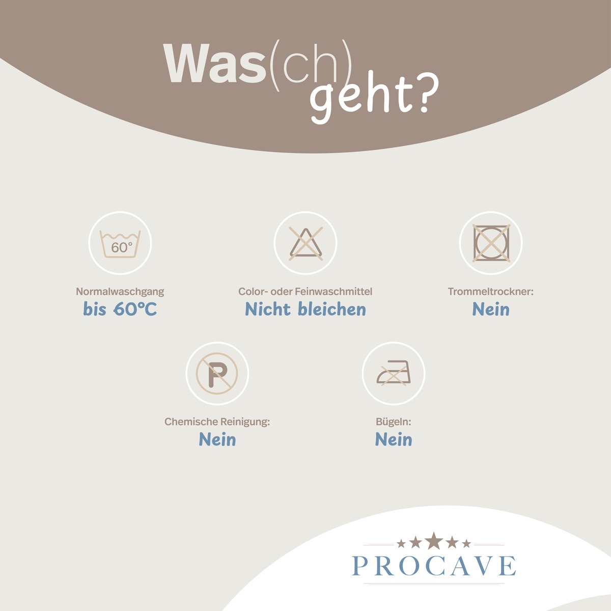 PROCAVE wasserdichte Premium Matratzen-Auflage 3-lagig &mdash; Pflegesymbole: waschbar bis 60 &deg;C, nicht bleichen, Trockner nein, chemische Reinigung nein, b&uuml;geln nein
