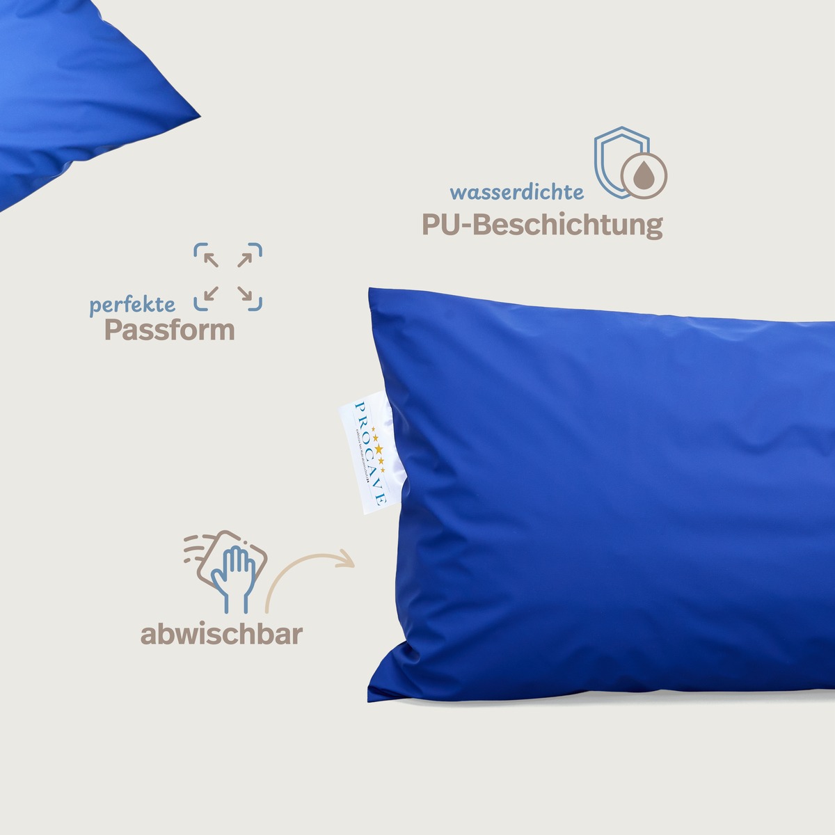 PROCAVE wasserdichter Kissenbezug abwischbar in blau — Infografik: wasserdichte PU-Beschichtung, perfekte Passform, abwischbar