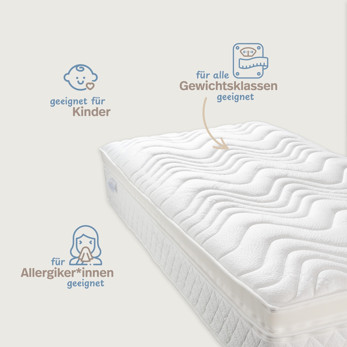 PROCAVE LUXI Boxspringmatratze &mdash; Infografik geeignet f&uuml;r Kinder, Allergiker*innen und alle Gewichtsklassen