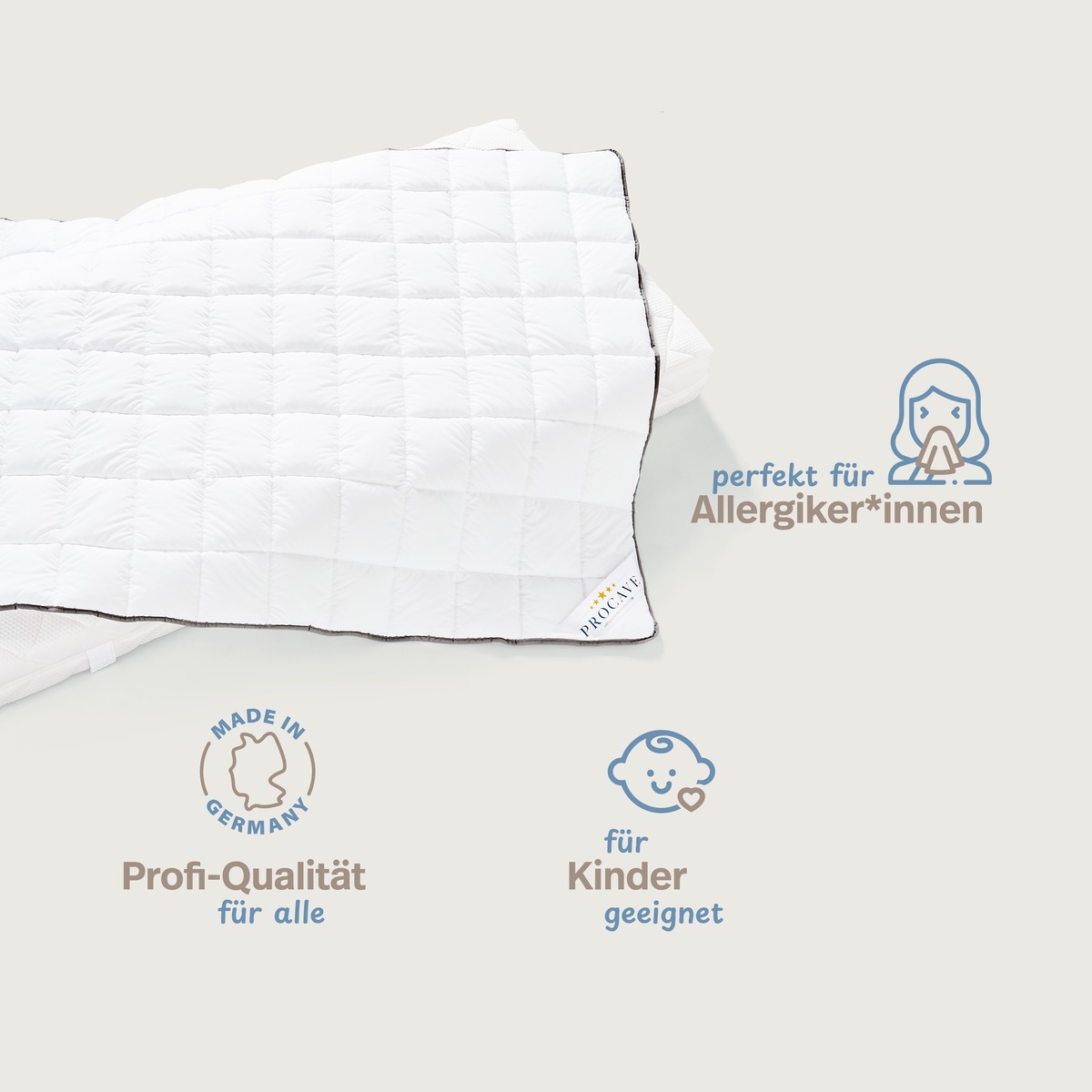 PROCAVE OBJEKT Bettdecke kochfest Hotel-Qualit&auml;t &mdash; Infografik: perfekt f&uuml;r Allergiker*innen, Made in Germany Profi-Qualit&auml;t, f&uuml;r Kinder geeignet