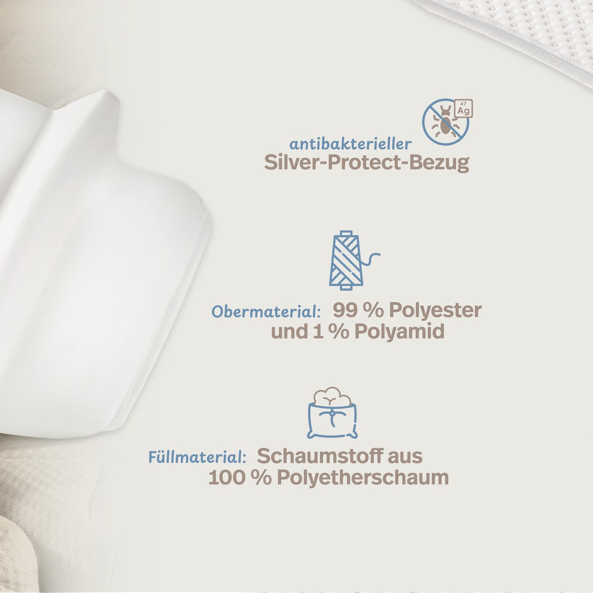PROCAVE Liebesbr&uuml;cke mit Silver-Protect-Bezug &mdash; Infografik: antibakterieller Silver-Protect-Bezug, Obermaterial 99 % Polyester und 1 % Polyamid, F&uuml;llmaterial 100 % Polyetherschaum