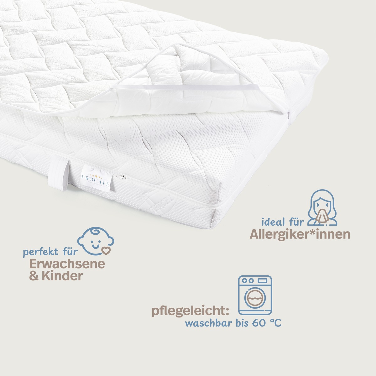 PROCAVE Matratzenauflage AloeVera-Doppeltuch &mdash; Infografik: perfekt f&uuml;r Erwachsene und Kinder, ideal f&uuml;r Allergiker*innen, pflegeleicht waschbar bis 60 &deg;C