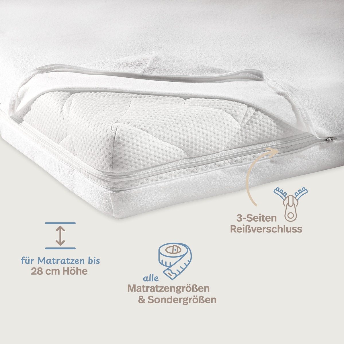 PROCAVE unversteppter Matratzenbezug Frottee-Stretch in wei&szlig; &mdash; Infografik: 3-Seiten-Rei&szlig;verschluss, f&uuml;r Matratzen bis 28 cm H&ouml;he, alle Matratzengr&ouml;&szlig;en und Sondergr&ouml;&szlig;en