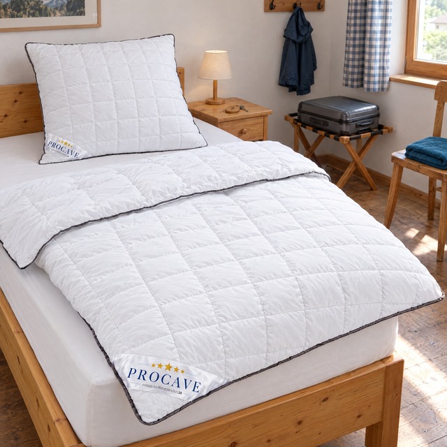 Weiße OBJEKT Bettdecke und Kopfkissen mit anthrazitfarbener Paspel auf einem Bett in einer Ferienwohnung