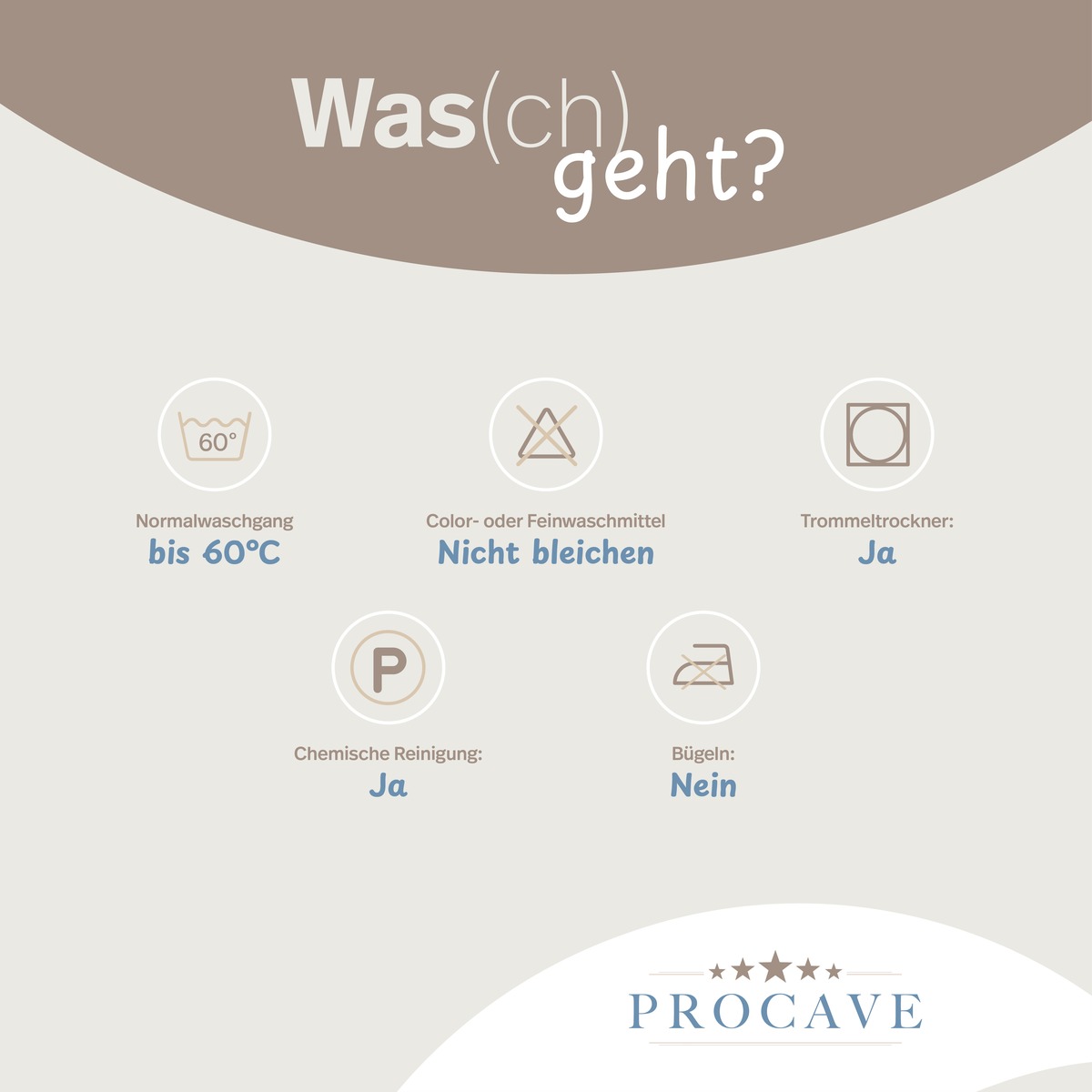 PROCAVE Viscoschaumtopper &mdash; Pflegeinfografik: Normalwaschgang bis 60 &deg;C, nicht bleichen, Trommeltrockner Ja, Chemische Reinigung Ja, B&uuml;geln Nein
