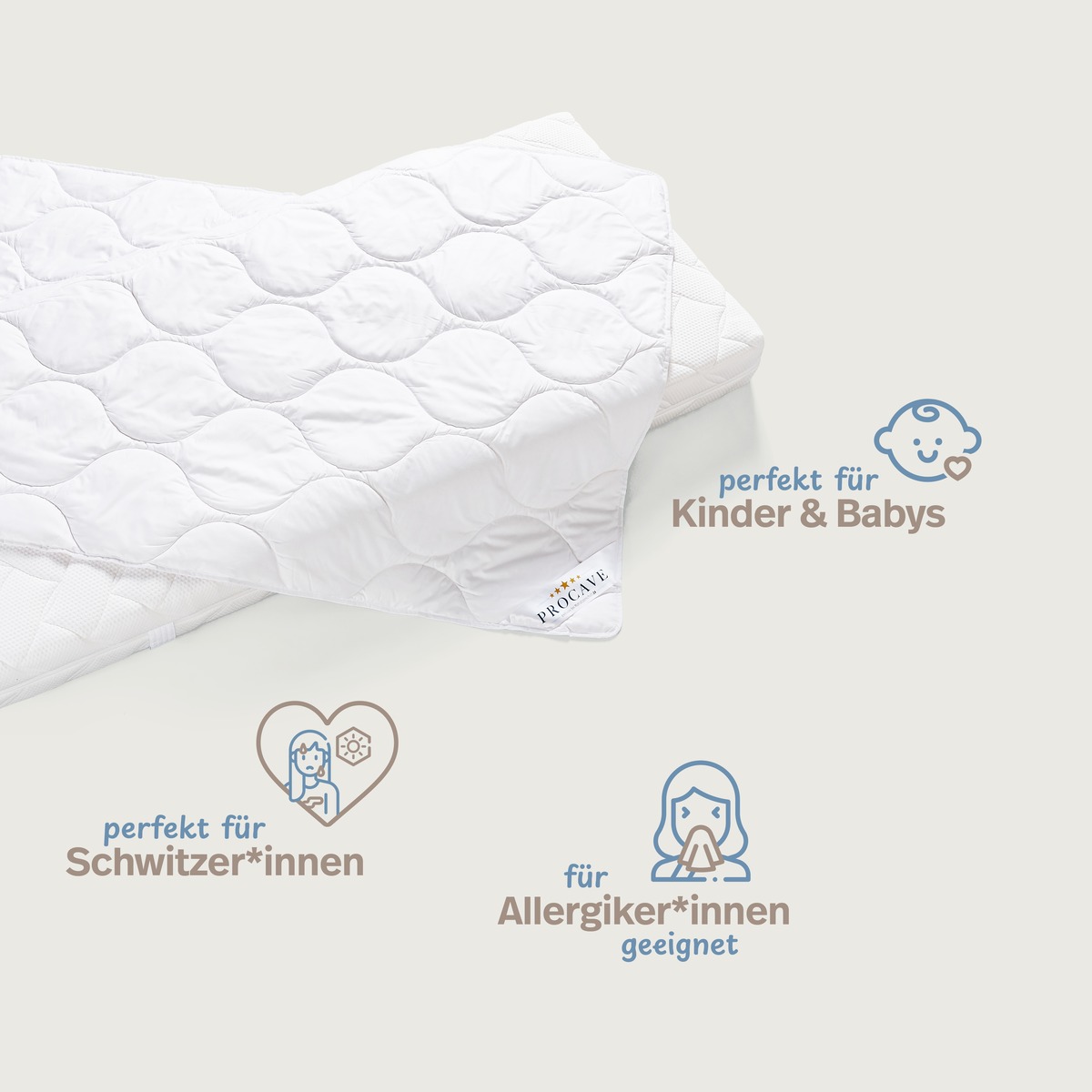 PROCAVE Baumwolle Qualit&auml;ts-Bettdecke f&uuml;r den Sommer &mdash; Infografik: perfekt f&uuml;r Kinder und Babys, perfekt f&uuml;r Schwitzer*innen, f&uuml;r Allergiker*innen geeignet