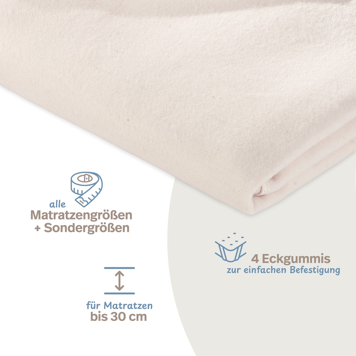 PROCAVE Matratzen-Auflage natur Baumwolle, Detailaufnahme Ecke mit Infografik &mdash; alle Matratzengr&ouml;&szlig;en und Sondergr&ouml;&szlig;en, 4 Eckgummis zur einfachen Befestigung, f&uuml;r Matratzen bis 30 cm