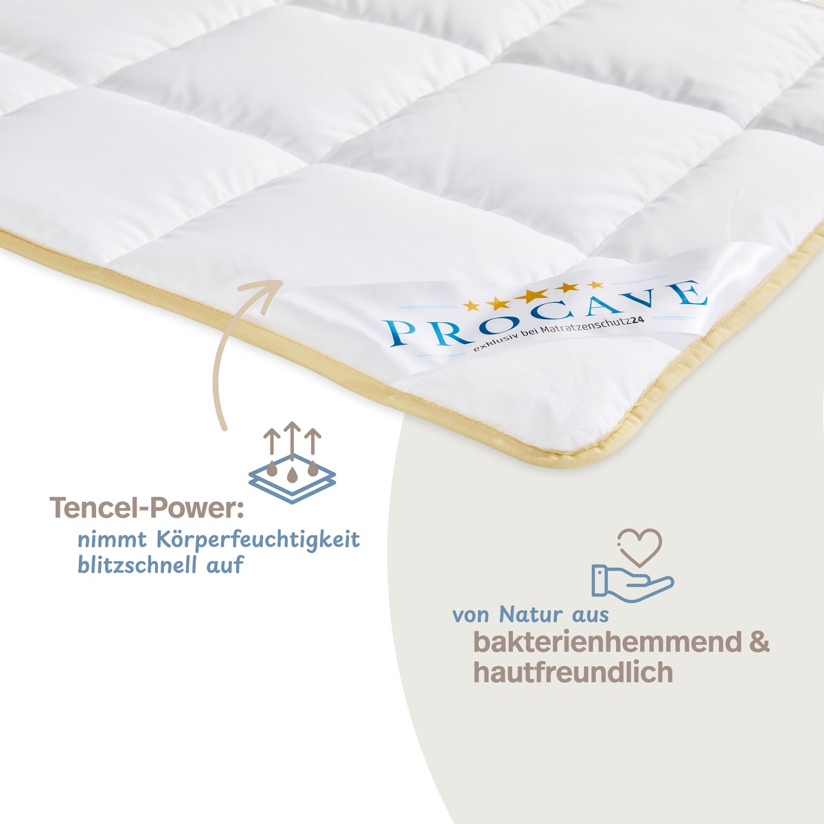 PROCAVE Tencel Qualit&auml;ts-Ganzjahresdecke Infografik &mdash; Tencel-Power nimmt K&ouml;rperfeuchtigkeit blitzschnell auf, von Natur aus bakterienhemmend und hautfreundlich