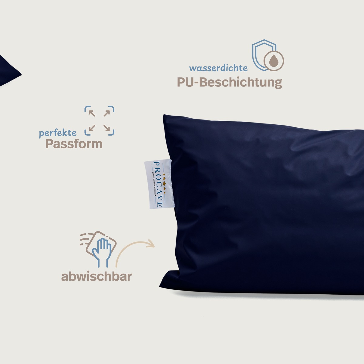 PROCAVE wasserdichter Kissenbezug abwischbar in dunkelblau — Infografik: wasserdichte PU-Beschichtung, perfekte Passform, abwischbar