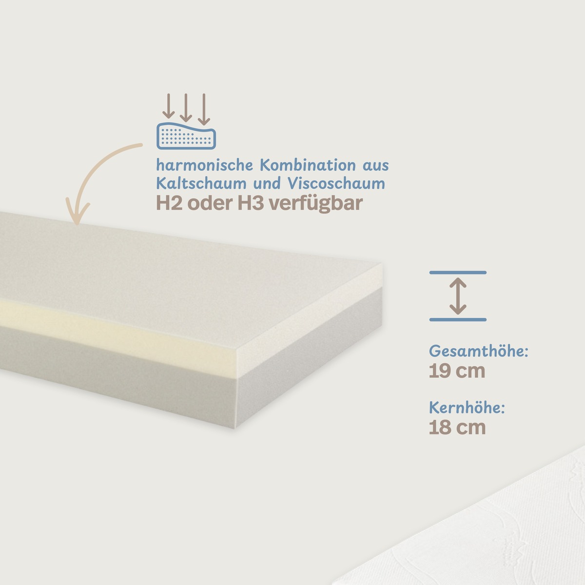 PROCAVE Luxusviscomatratze VT 3 &mdash; Infografik: Gesamth&ouml;he 19 cm, harmonische Kombination aus Kaltschaum und Viscoschaum, H2 oder H3 verf&uuml;gbar