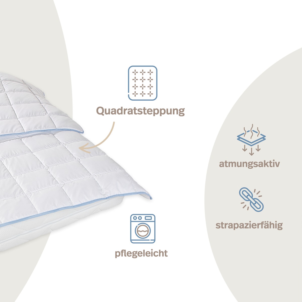 PROCAVE TopCool kochfeste Qualit&auml;ts-Sommerbettdecke &mdash; Infografik: Quadratsteppung h&auml;lt F&uuml;llung gleichm&auml;&szlig;ig, Icons f&uuml;r pflegeleicht, atmungsaktiv und strapazierf&auml;hig