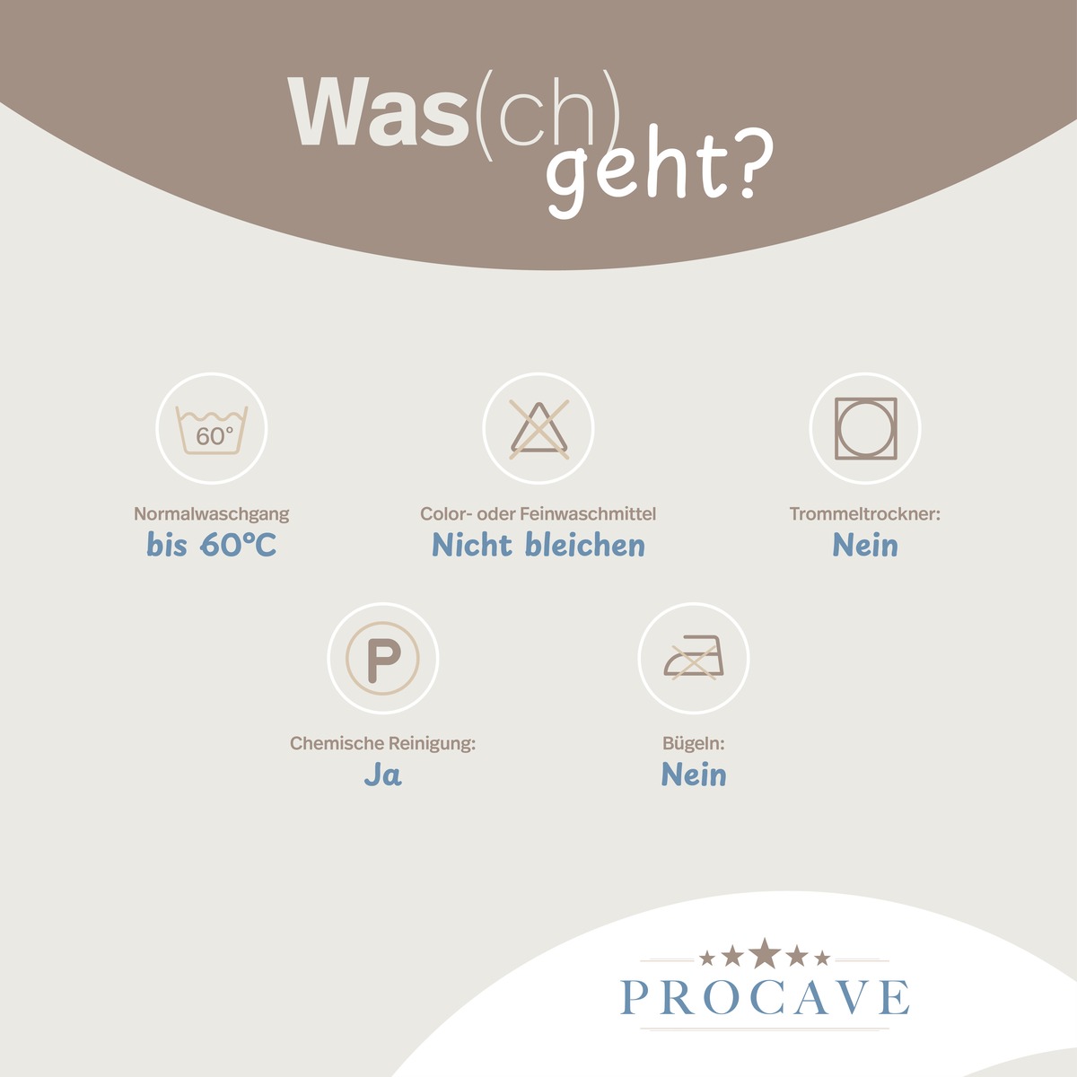 PROCAVE Kaltschaumtopper Premium &mdash; Pflegesymbole: Normalwaschgang bis 60&deg;C, Color- oder Feinwaschmittel verwenden, nicht bleichen, nicht trocknergeeignet, nicht b&uuml;geln, chemische Reinigung m&ouml;glich