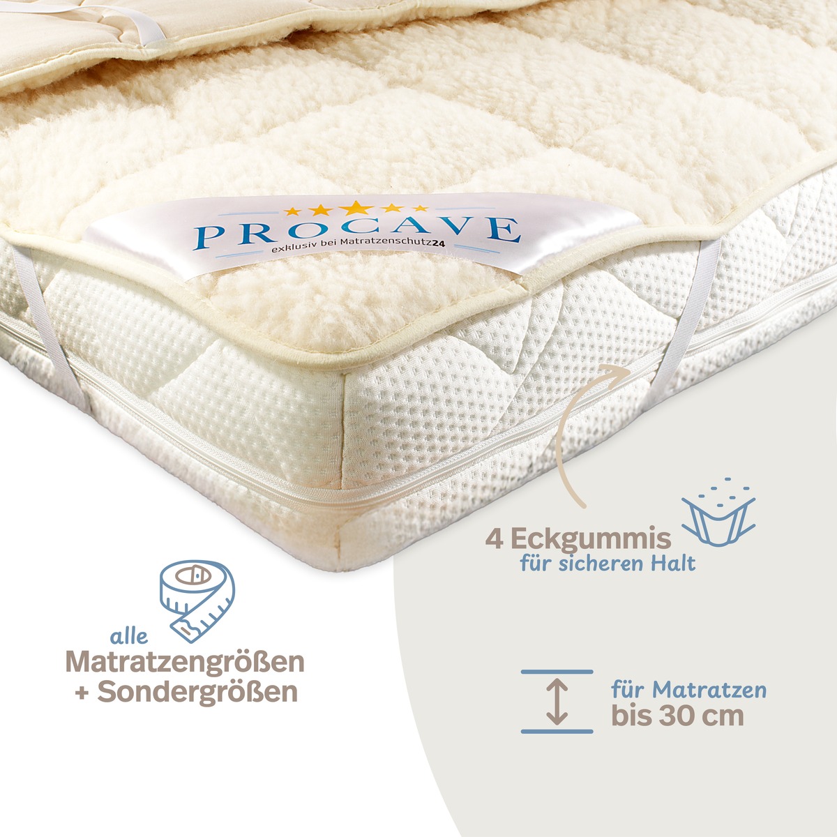 PROCAVE Matratzenschoner NATUR Lammflor Infografik &mdash; 4 Eckgummis f&uuml;r sicheren Halt, alle Matratzengr&ouml;&szlig;en und Sondergr&ouml;&szlig;en, geeignet f&uuml;r Matratzen bis 30 cm