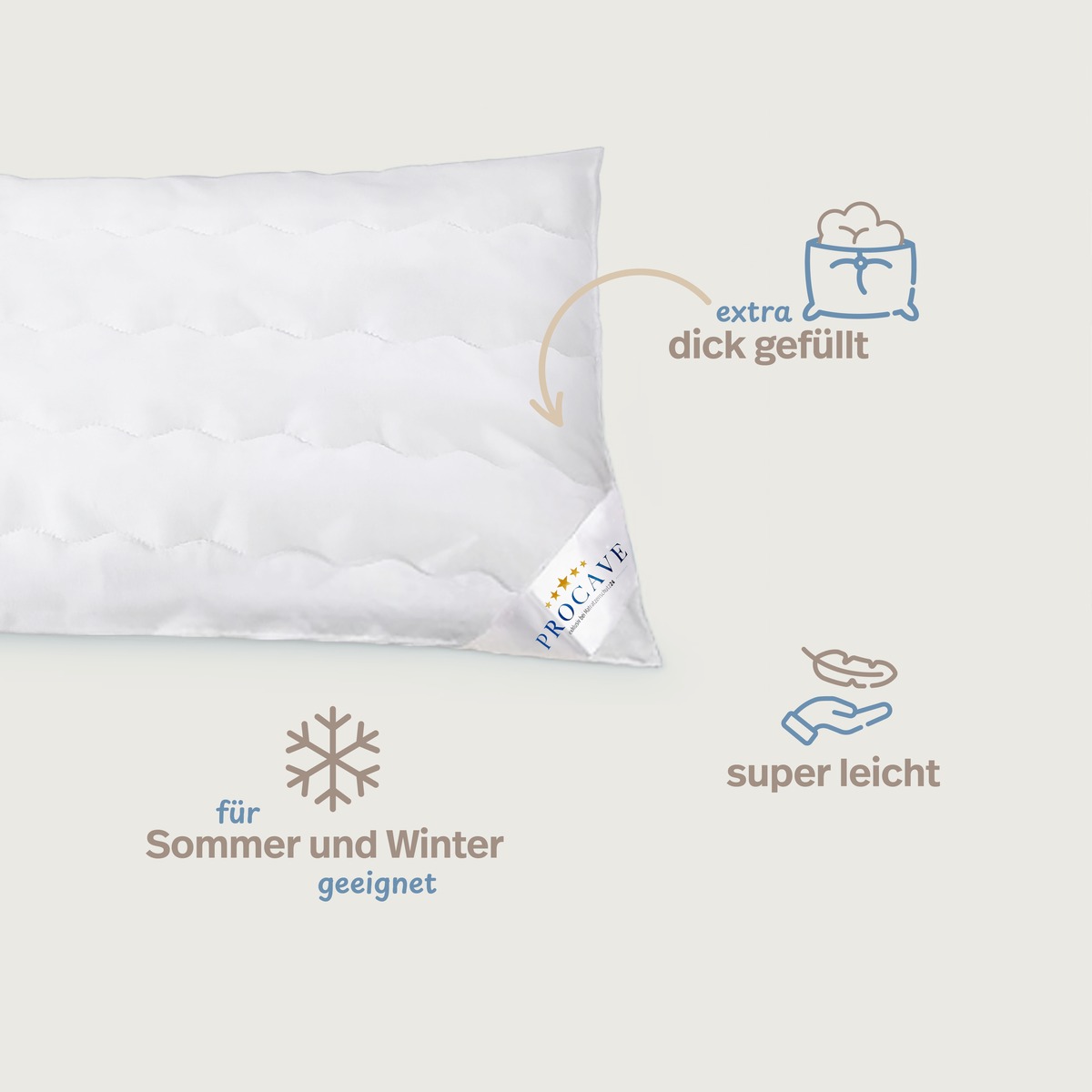 PROCAVE MICRO-COMFORT Kissen &ndash; Wei&szlig;es Kopfkissen mit Waben-Steppung und drei Produkt-Highlights: extra dick gef&uuml;llt, super leicht und f&uuml;r Sommer und Winter geeignet.