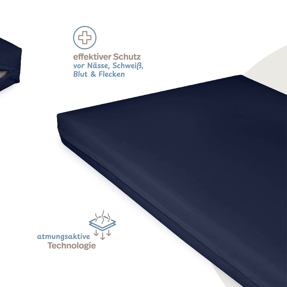 PROCAVE Premium Pflegematratze Antidekubitus-System dunkelblau &mdash; Infografik: effektiver Schutz vor N&auml;sse, Schwei&szlig;, Blut und Flecken bei atmungsaktiver Technologie