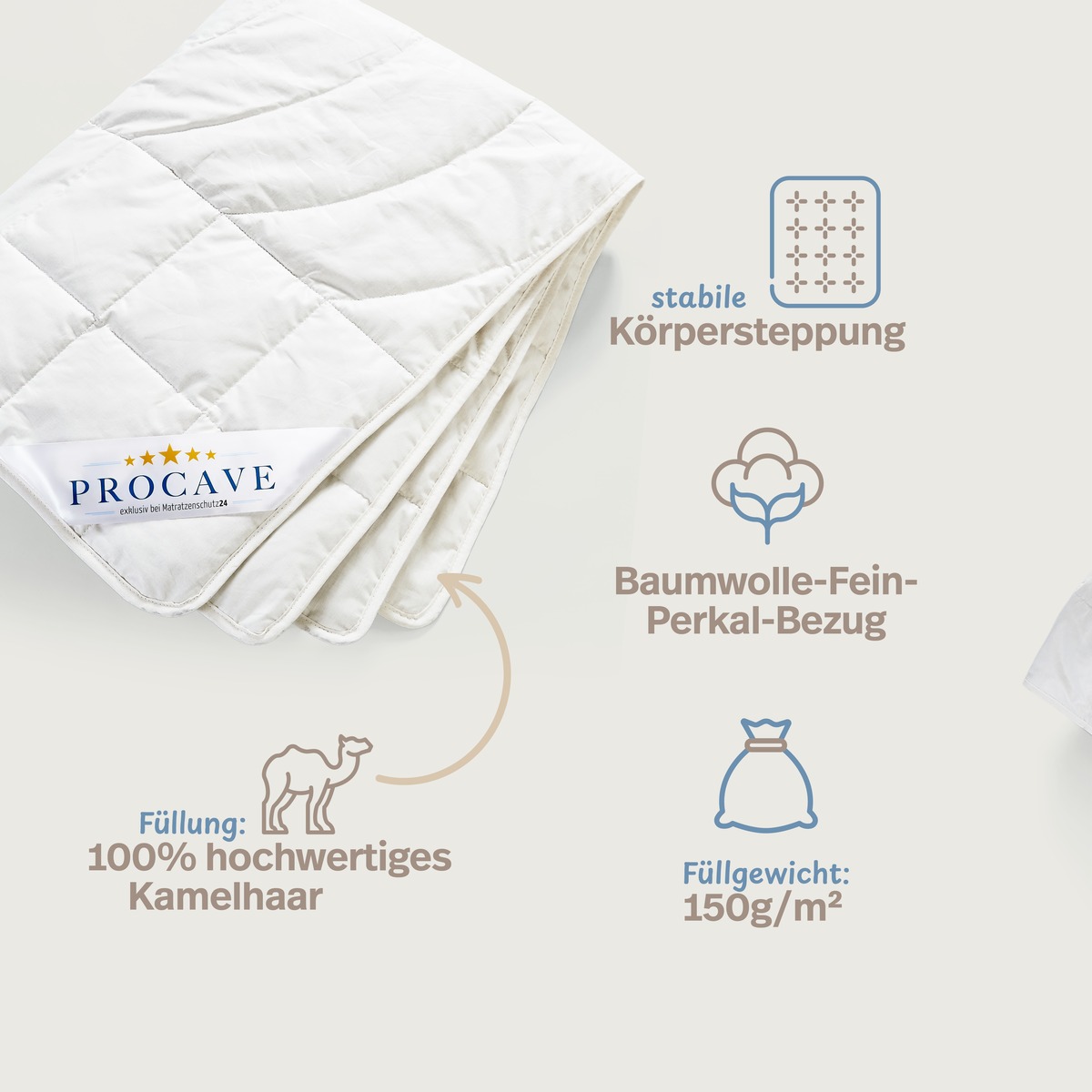 PROCAVE Kamelhaar Exquisit Qualit&auml;ts-Bettdecke f&uuml;r den Sommer &mdash; Infografik: stabile K&ouml;rpersteppung, Baumwolle-Fein-Perkal-Bezug, 100 % hochwertiges Kamelhaar, F&uuml;llgewicht 150 g/m&sup2;