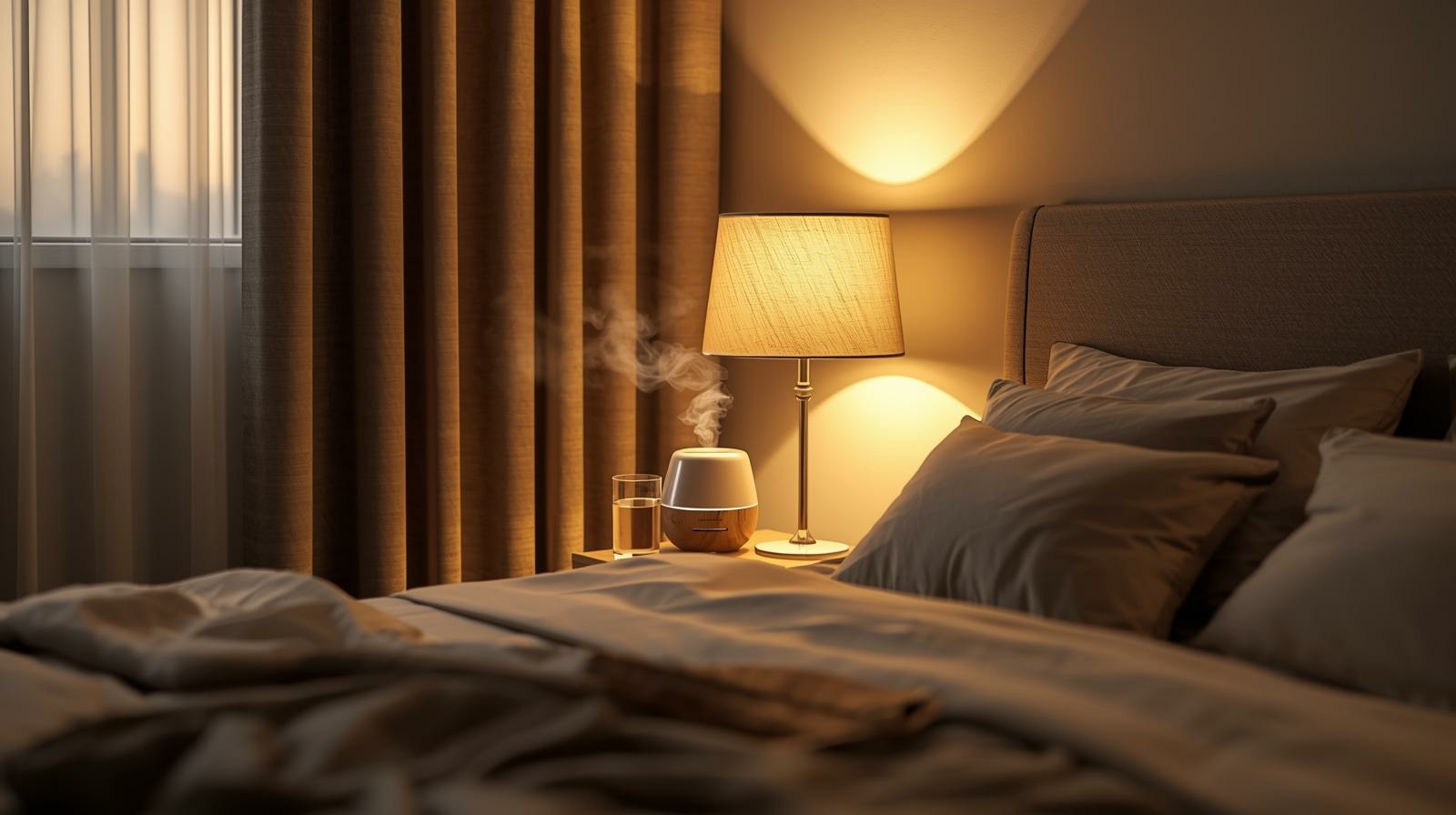 Ruhiges Schlafzimmer am Abend mit Luftbefeuchter für ein gutes Schlafklima