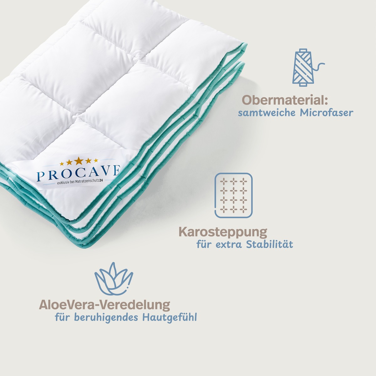 PROCAVE Kinderbetten-Set Aloe Vera — Infografik: Obermaterial samtweiche Microfaser, Karosteppung für extra Stabilität, AloeVera-Veredelung